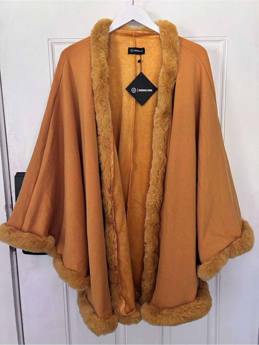 Faux-Fur Trim Cape Shrug in Mustard by Unknown Brand